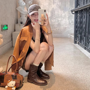 复古风~V口西部牛仔靴女秋冬美拉德川西粗跟中筒套筒沙漠机车短靴