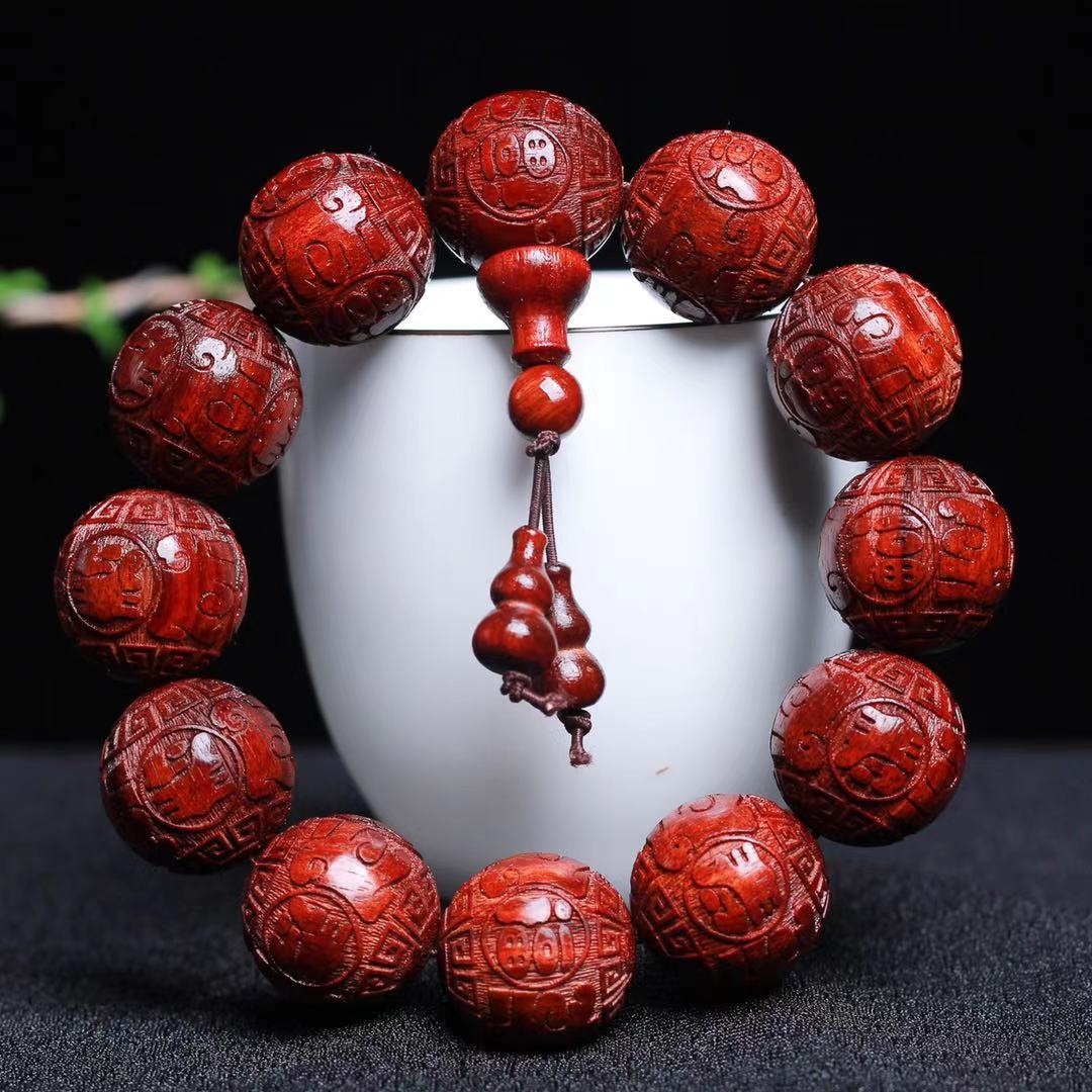 赞比亚小叶紫檀佛珠手串20高密雕刻老料血檀手链男士红木文玩饰品