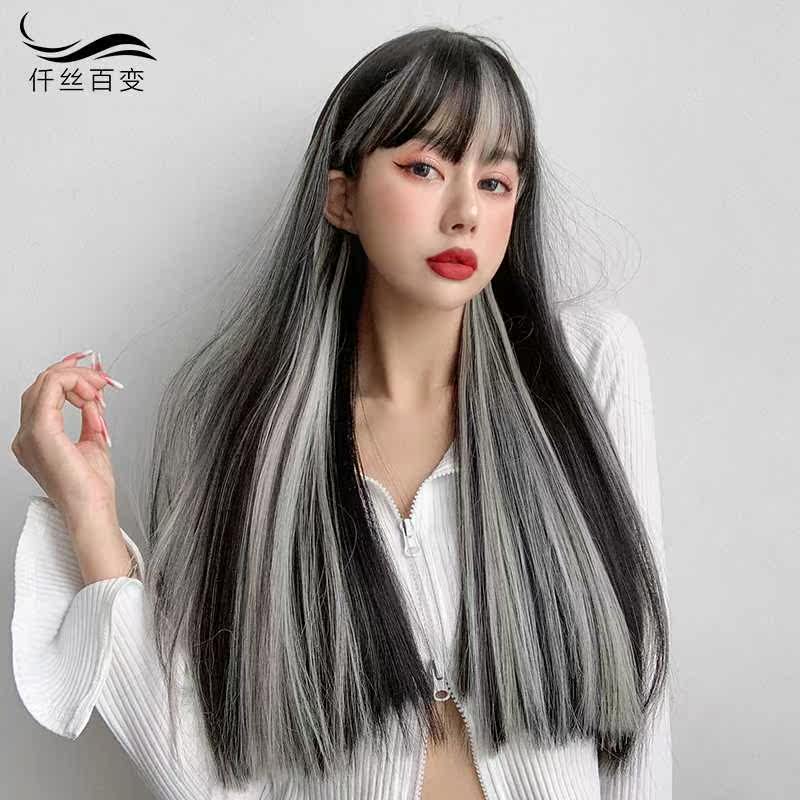 灰色挑染时尚气质中长直发套 假发女长发空气刘海自然新式全头套