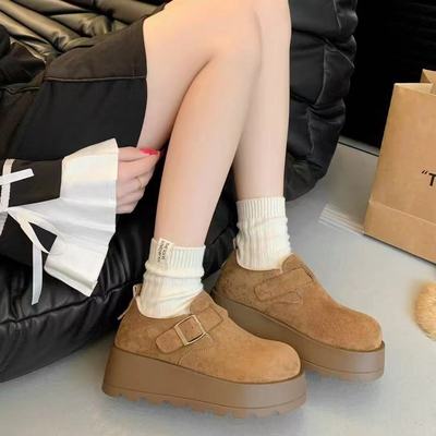 2025秋冬新款加绒加厚磨砂皮厚底勃肯鞋女圆头扣带时尚舒适百搭靴