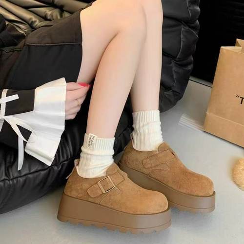 2025秋冬新款加绒加厚磨砂皮厚底勃肯鞋女圆头扣带时尚舒适百搭靴