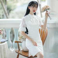 大圖實拍文藝復古氣質白色旗袍裙