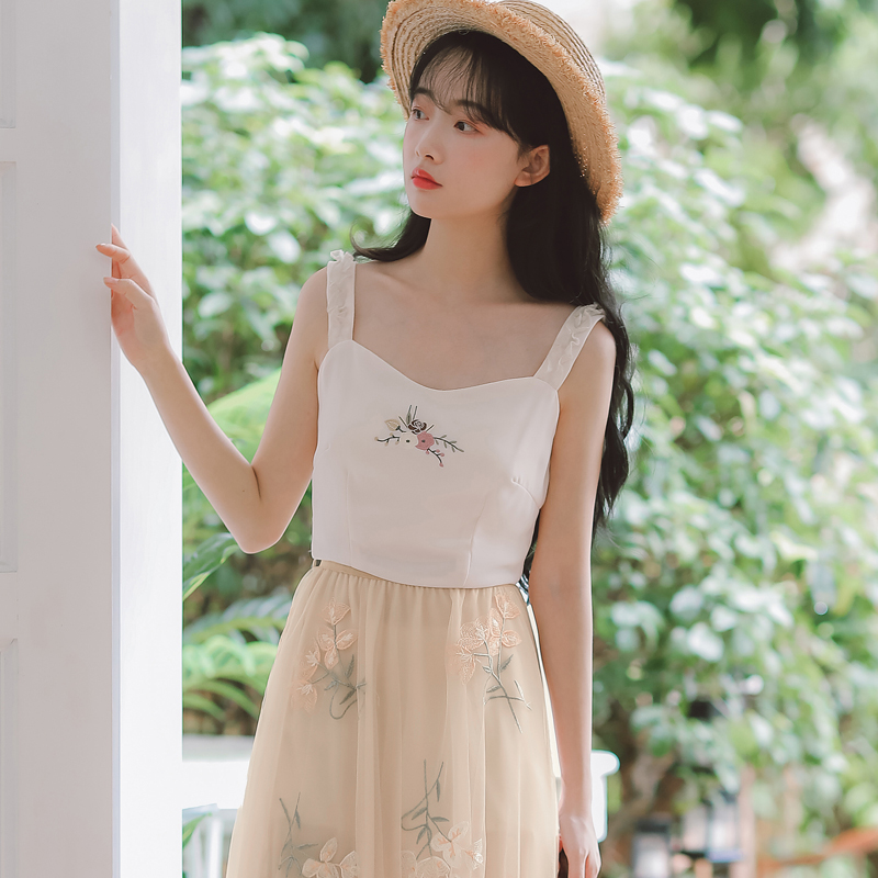 有視頻大圖實拍2021復古少女刺繡吊帶背心
