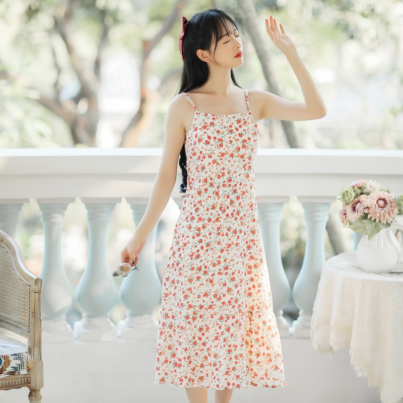 Real photo 2021 summer French retro floral suspender skirt