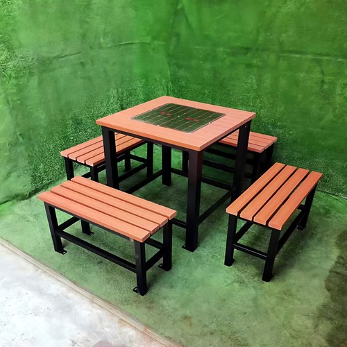 定制户外铁艺连体桌椅防水塑木休闲桌公园组合桌小区实木室外套桌