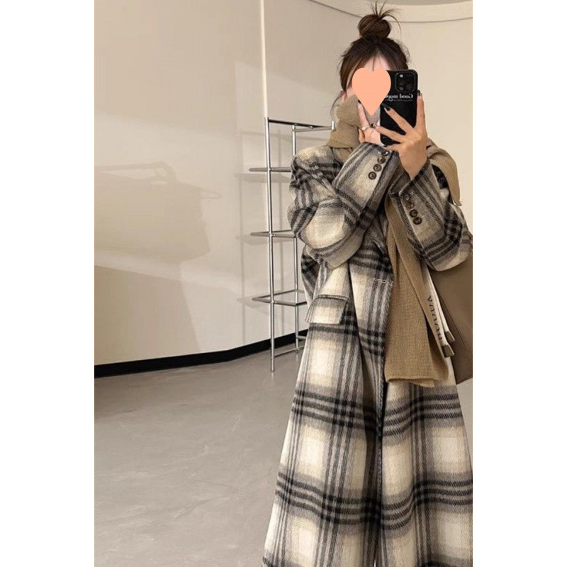 2025秋冬新款长毛感韩系格子双面羊绒大衣女加长款羊毛呢外套