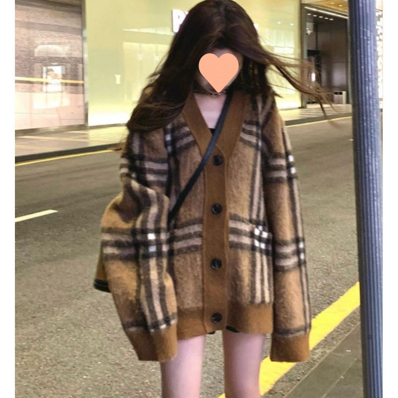 老钱风复古领格子毛衣外套女2025秋冬感中长款针织开衫上衣
