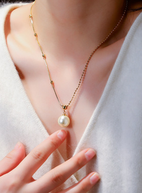 好饰新款珍珠吊坠项链女轻奢高级感百搭锁骨链小众设计毛衣链饰品