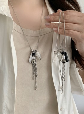 好饰 小众设计天然石爱心流苏吊坠项链可调节多种戴法长款毛衣链