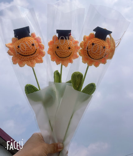 成品毛线编织手钩花教师节礼品毕业礼物卡通向日葵毕业帽单支花束