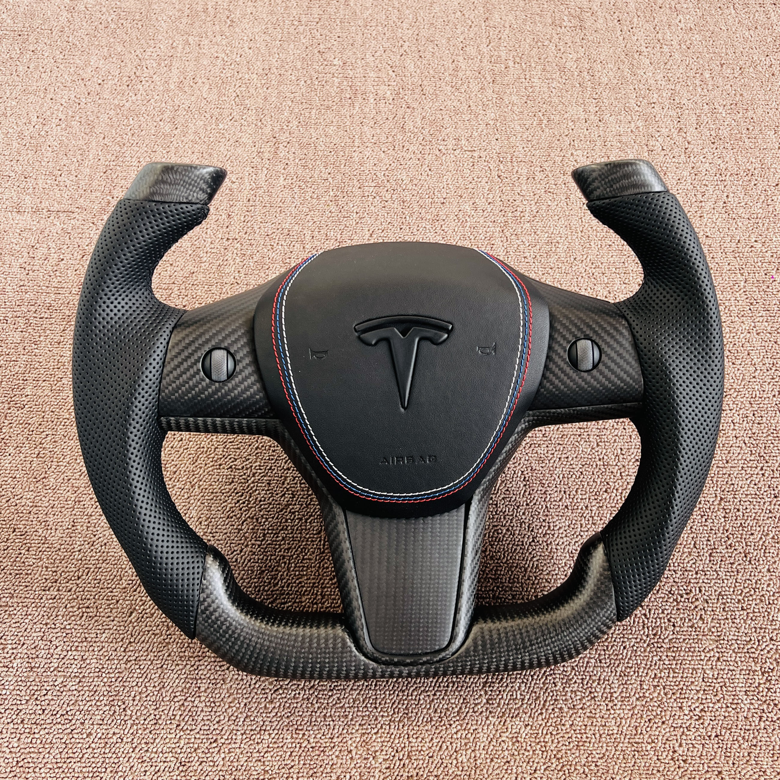 适用特斯拉model3焕新Y/3PRO/x/s牛角赛车飞机碳纤维方向盘改装