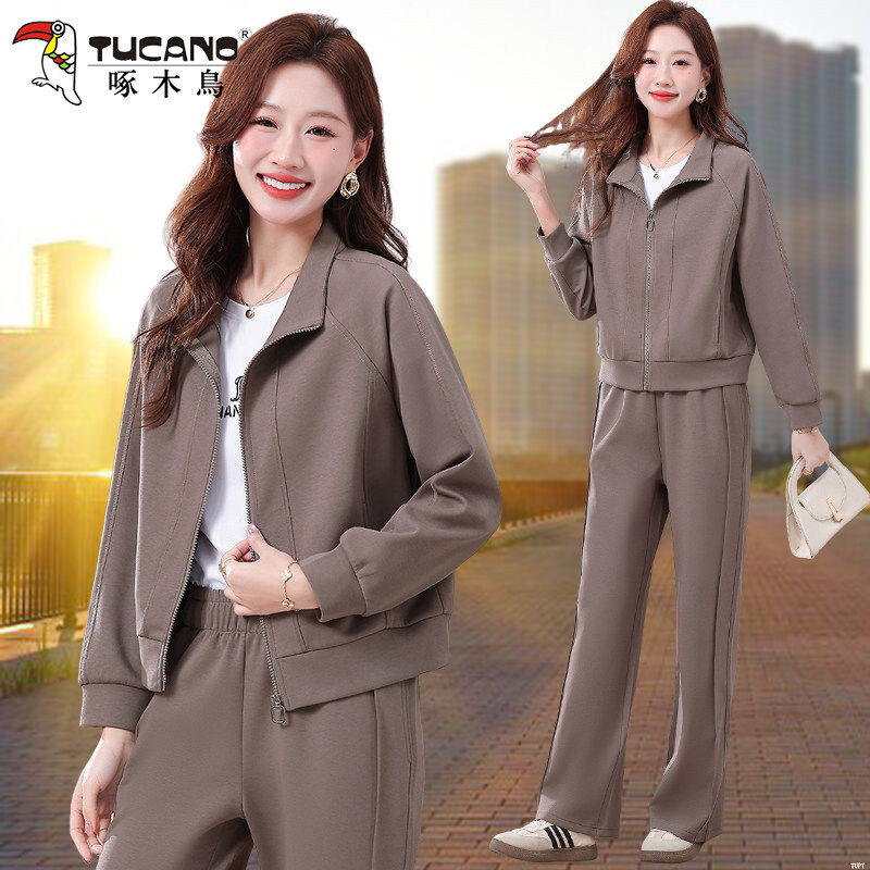 啄木鸟休闲运动套装短款长袖立领春秋季时尚洋气秋装小个子三件套