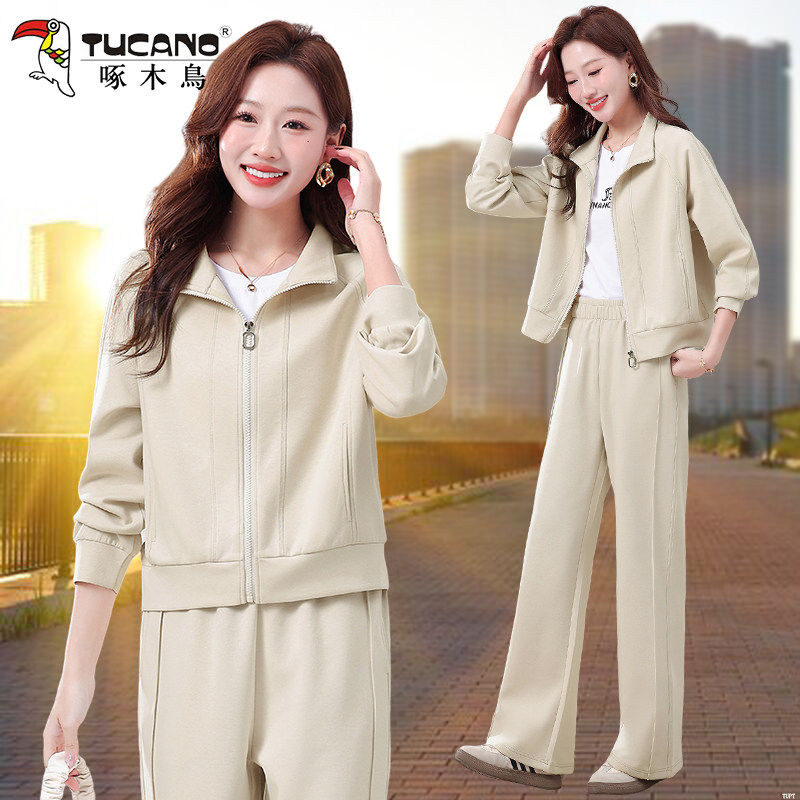 啄木鸟休闲运动套装短款长袖立领春秋季时尚洋气秋装小个子三件套
