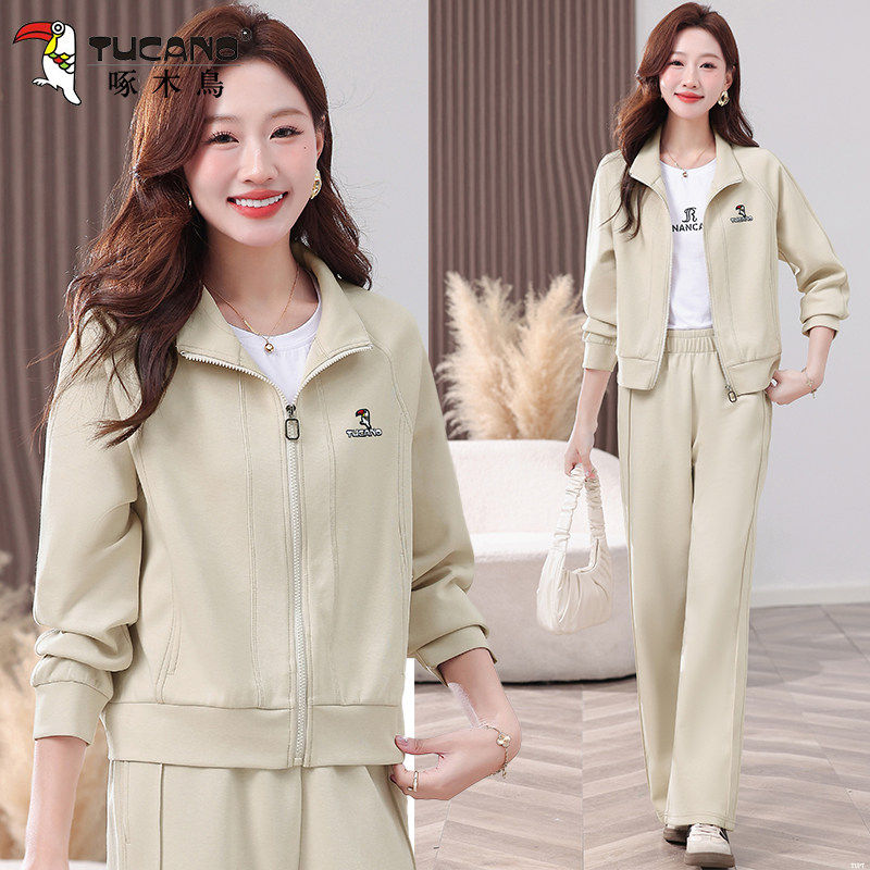 啄木鸟休闲运动套装短款长袖立领春秋季时尚洋气秋装小个子三件套