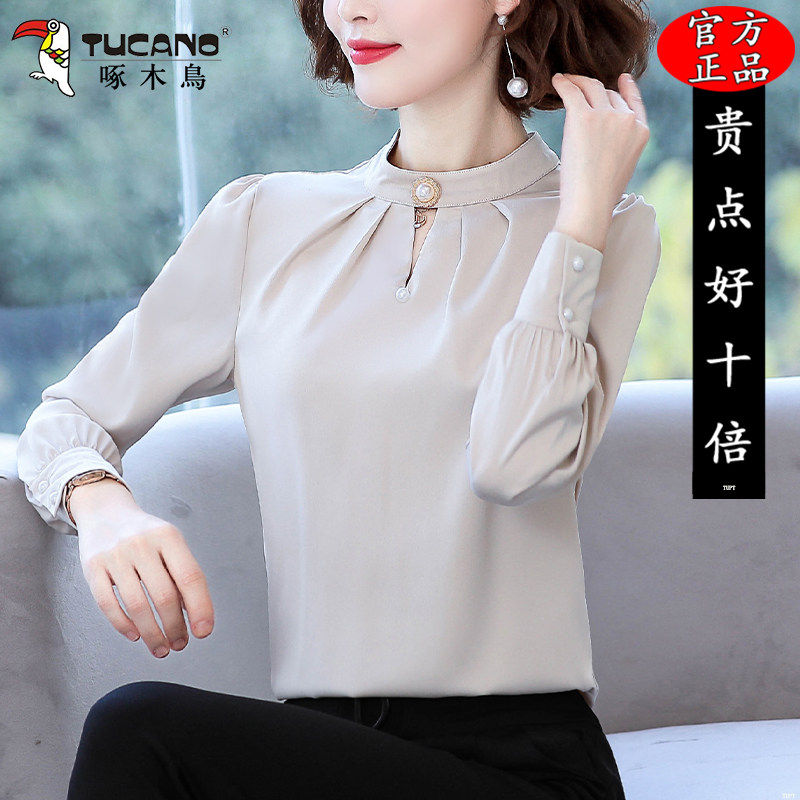 啄木鸟雪纺衬衫女士春秋季新款洋气气质时尚圆领长袖衬衣打底上衣