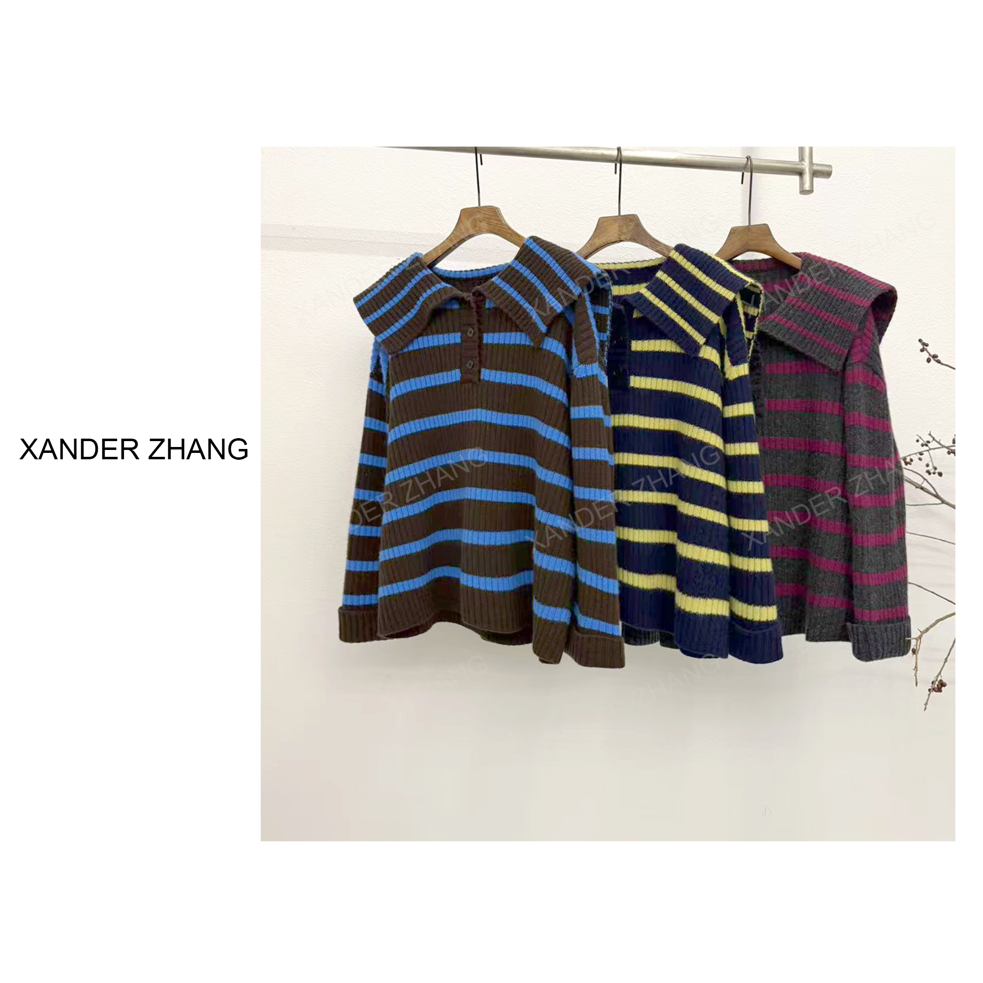 设计师款海军领新澳全羊毛条纹廓形毛衣YBMS1J840减龄时尚显瘦