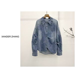 时尚不对称设计感爱心绣花牛仔衬衫YBST1K028文艺水洗百搭减龄