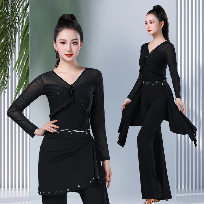 新款拉丁舞服装女成人黑色网纱长袖上衣时尚国标交谊广场舞三步彩