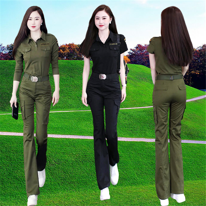 时尚迷彩服女短袖套装夏季新款工装直筒长裤休闲减龄微喇裤两件套