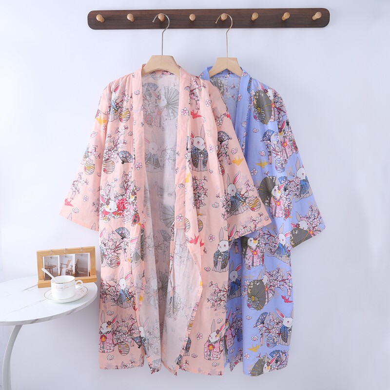 夏季纯棉双层纱布浴衣女日式和服睡袍亲子儿童卡通可爱全棉大童