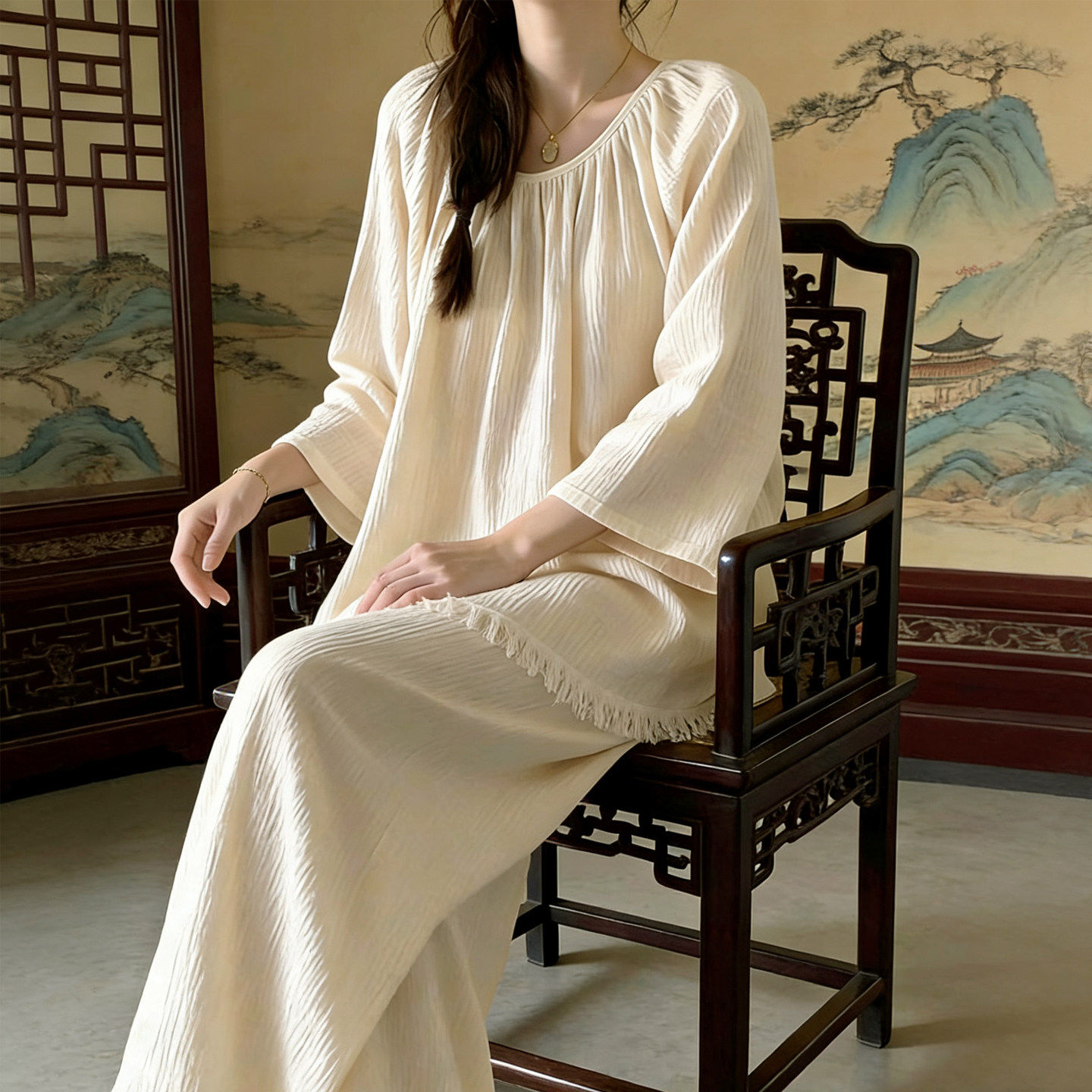流苏花边绉布全棉纯色夏季纯棉双层纱布睡衣女圆领长袖套头有口袋