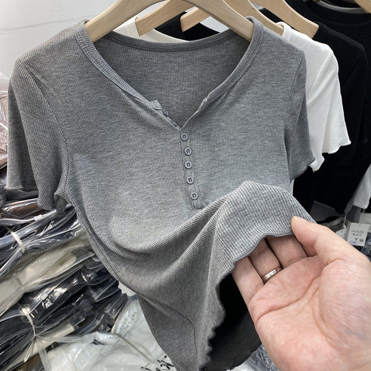 日系灰色短袖T恤女夏季薄款韩版修身显瘦高腰弹力螺纹V领短款上衣