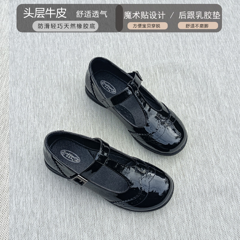 头层牛皮女童丁字鞋英伦风黑皮鞋