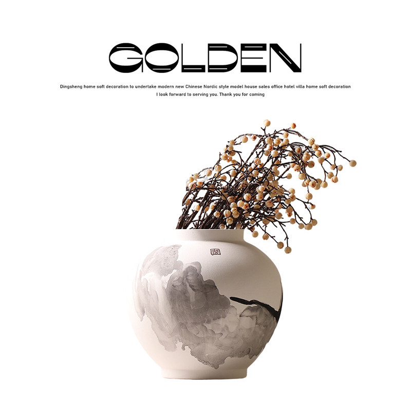 中式罐子手绘陶瓷书剑罐创意水墨锦鲤磨砂插花装饰样板房书房摆件