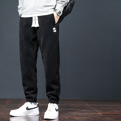 灯芯绒裤子男秋冬款加绒束脚工装运动裤男士卫裤休闲哈伦长裤冬季