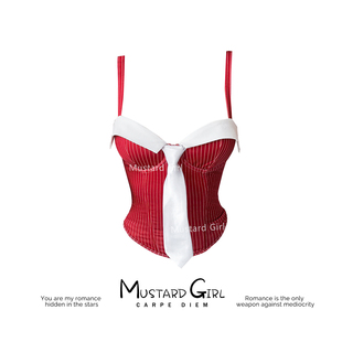 酒红色辣妹条纹拼接低胸领带撞色吊带背心女夏季修身裹胸鱼骨上衣