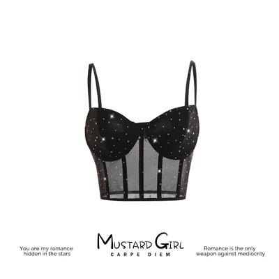 黑色性感亮片吊带背心鱼骨上衣