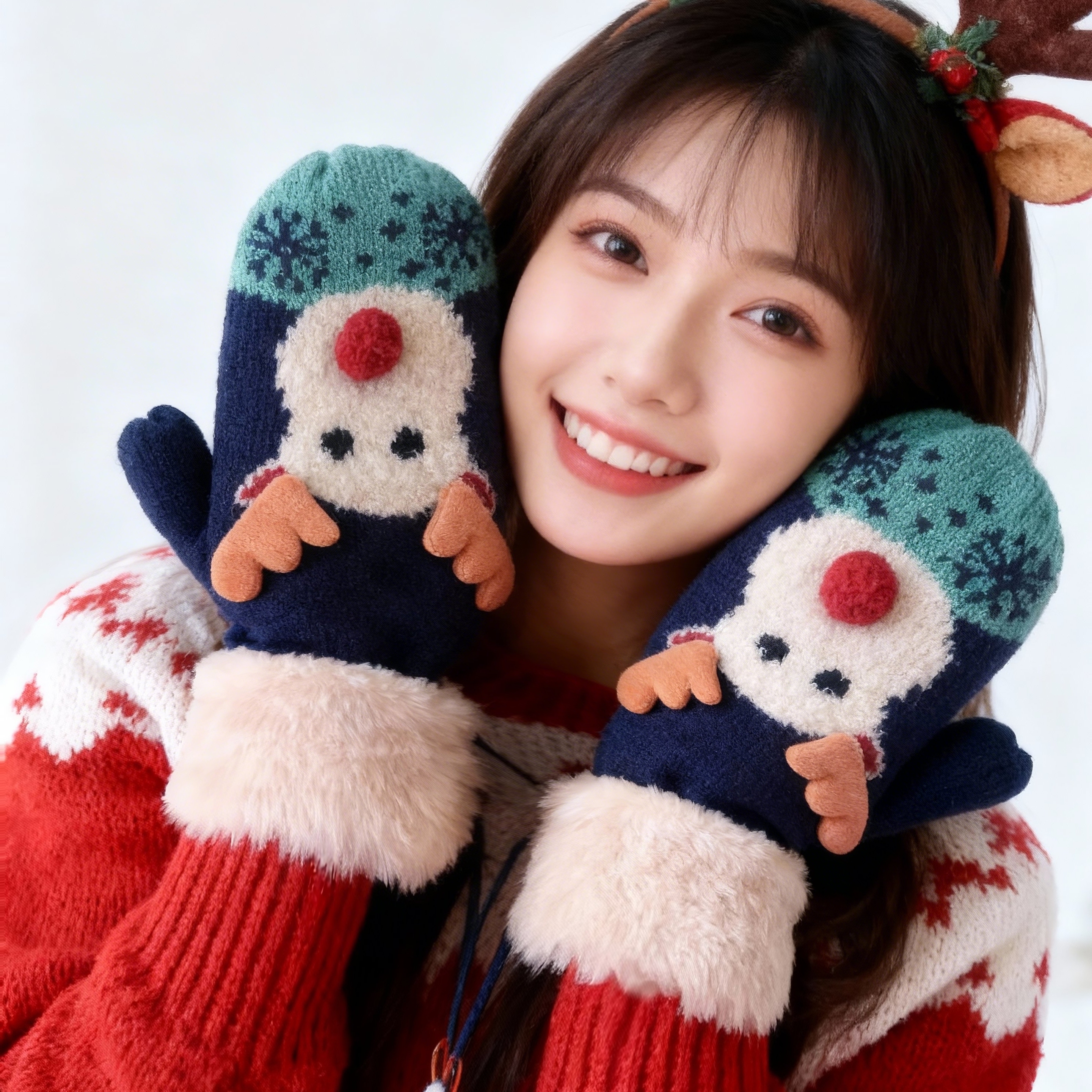 圣诞麋鹿挂绳学生成人毛线情侣防寒手套女加绒冬可爱韩版保暖连指