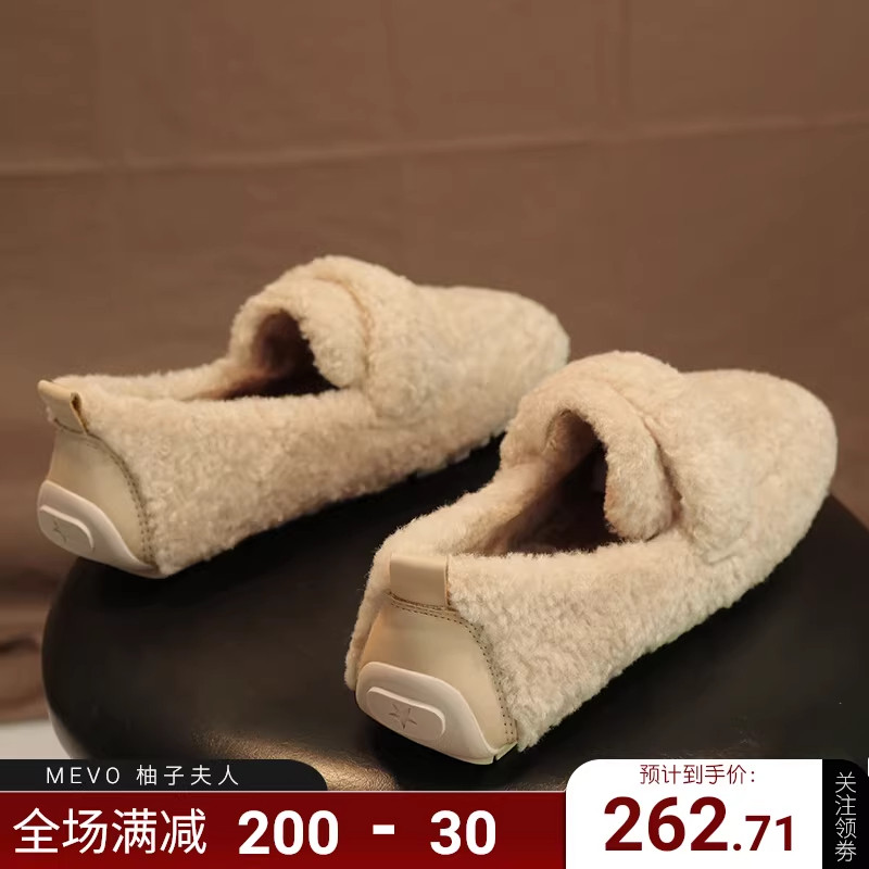 香港2026秋冬新款外穿毛毛鞋女羊羔毛卷毛加绒一脚蹬棉豆豆鞋大码