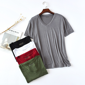 莫代尔t恤男短袖v领薄款加肥大码宽松弹力纯色潮夏季运动纯棉半袖