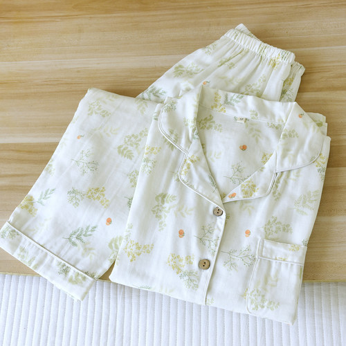 纯棉纱布睡衣女春秋开衫薄款2026新款夏天长袖100%全棉家居服套装