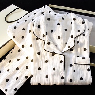 套装 波点睡衣女纯棉纱布白色2026年新款 长袖 家居服全棉薄款 春秋季