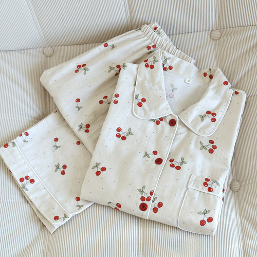 田园风睡衣女春秋季纯棉双层纱布2026新款夏天长袖100%全棉家居服