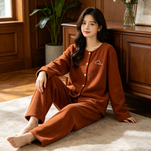 红色秋冬睡衣女加厚2026新款德绒保暖长袖套装圆领冬天薄绒家居服
