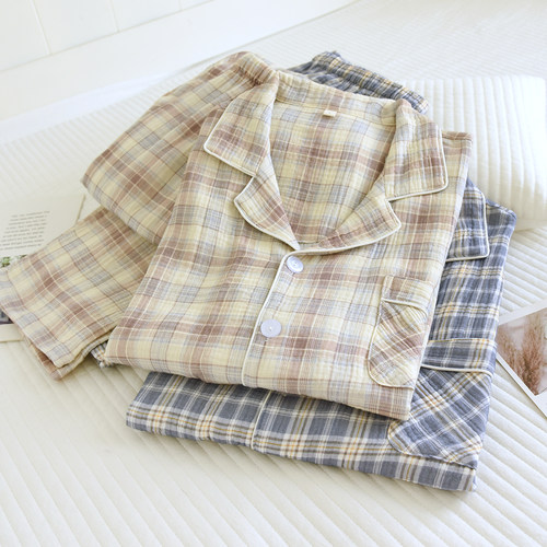 格子睡衣男春秋纯棉双层纱布2026新款夏季长袖套装100%全棉家居服