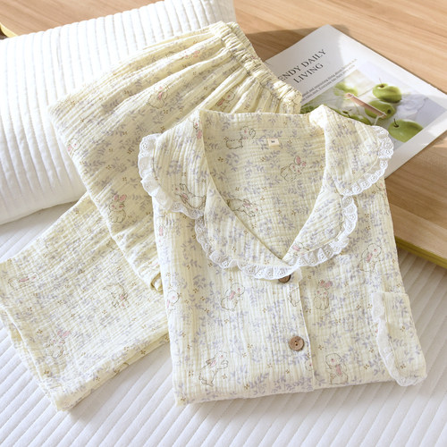 纯棉双层纱布睡衣女春秋2026新款夏天薄款长袖100%全棉家居服套装