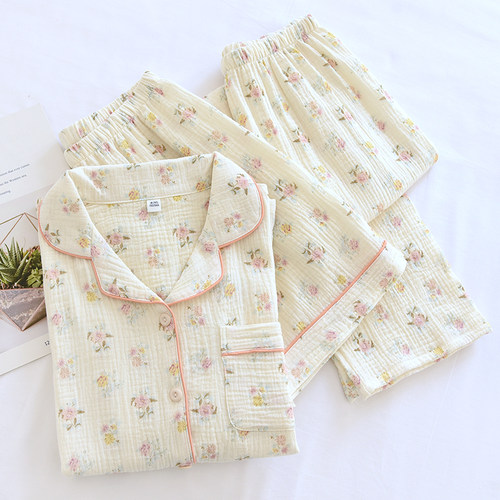 三件套女睡衣夏季纯棉双层纱布加肥加大码2026新款短袖长裤家居服