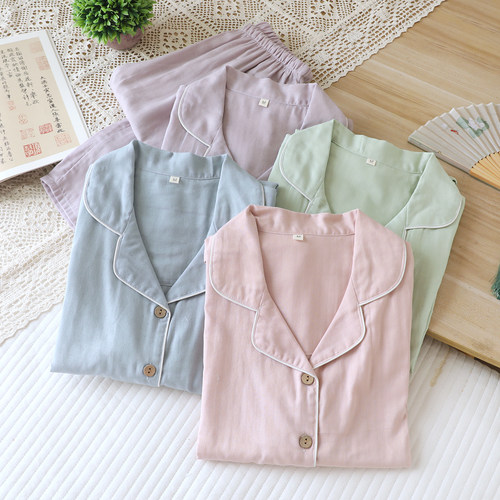 睡衣女春秋2026新款纯棉双层纱布夏天长袖套装开衫100%全棉家居服