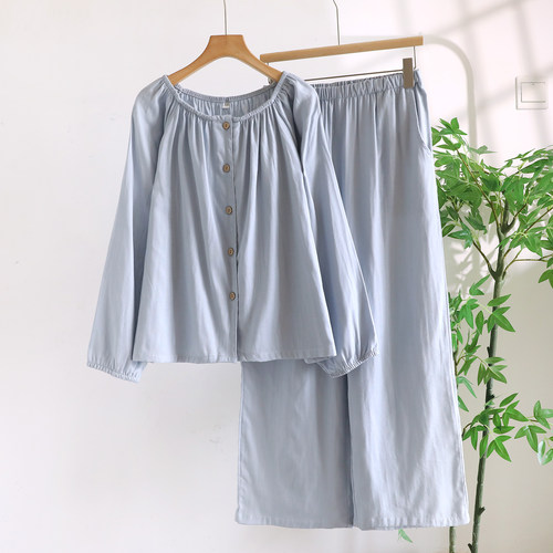 100%全棉睡衣女春秋长袖2026新款夏季薄款纯棉纱布家居服圆领套装