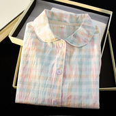 100%全棉睡衣女春秋纯棉双层纱布长袖 家居服 夏季 套装 格子2026新款