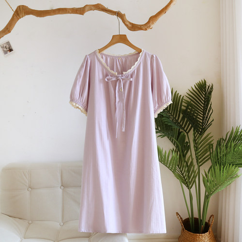 全棉睡裙女夏季睡衣短袖纯棉纱布纯色2026新款薄夏天连衣裙家居服