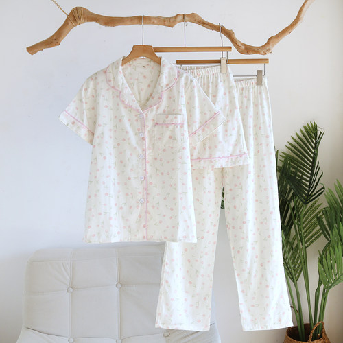 夏季三件套睡衣女纯棉纱布短袖短裤长裤2026新款薄100%全棉家居服