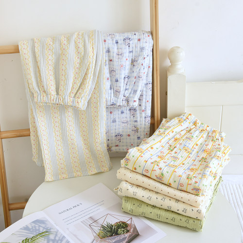 睡裤女长裤春秋夏季纯棉双层纱布2026新款宽松阔腿100%全棉家居裤