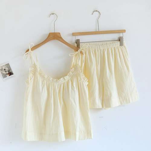 带胸垫吊带背心夏季睡衣女短裤100%全棉纱布2026新款薄无袖家居服