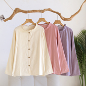 女睡衣单件上衣纯棉纱布春秋长袖 100%全棉家居服 圆领纯色2026新款