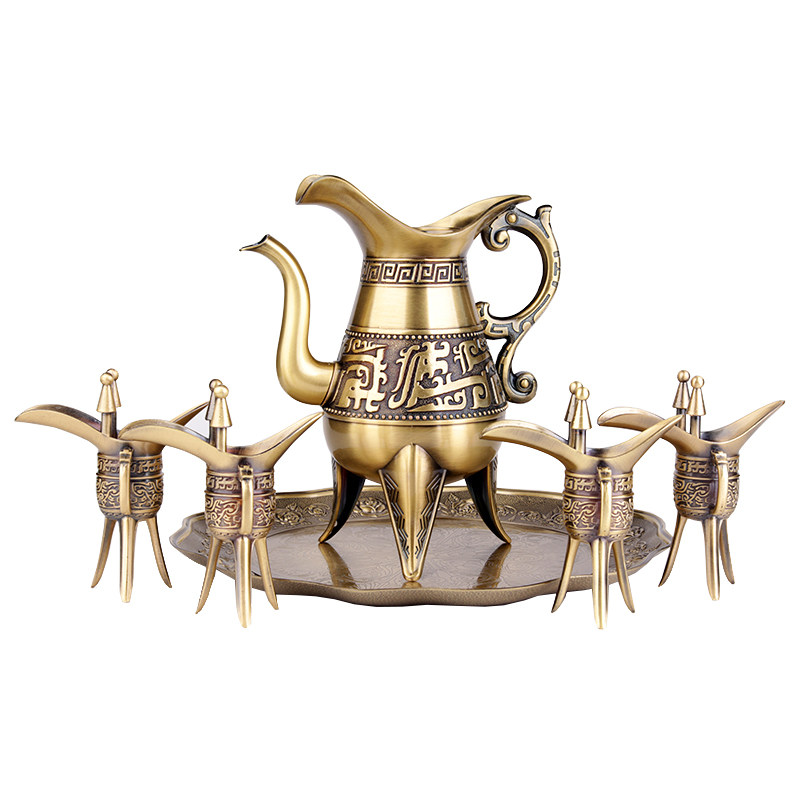 仿青铜器酒樽摆件复古爵杯酒杯酒壶套装三角杯拍摄道具三足帝王杯